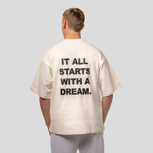 White oversized LIVINA streetwear t-shirt with back print quote