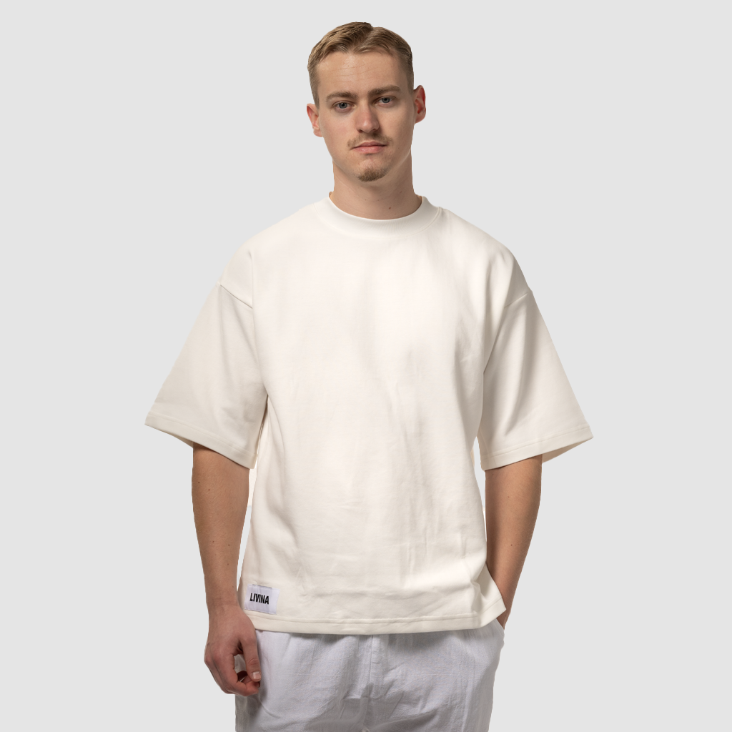 white oversized unisex quote t-shirt LIVINA male front view