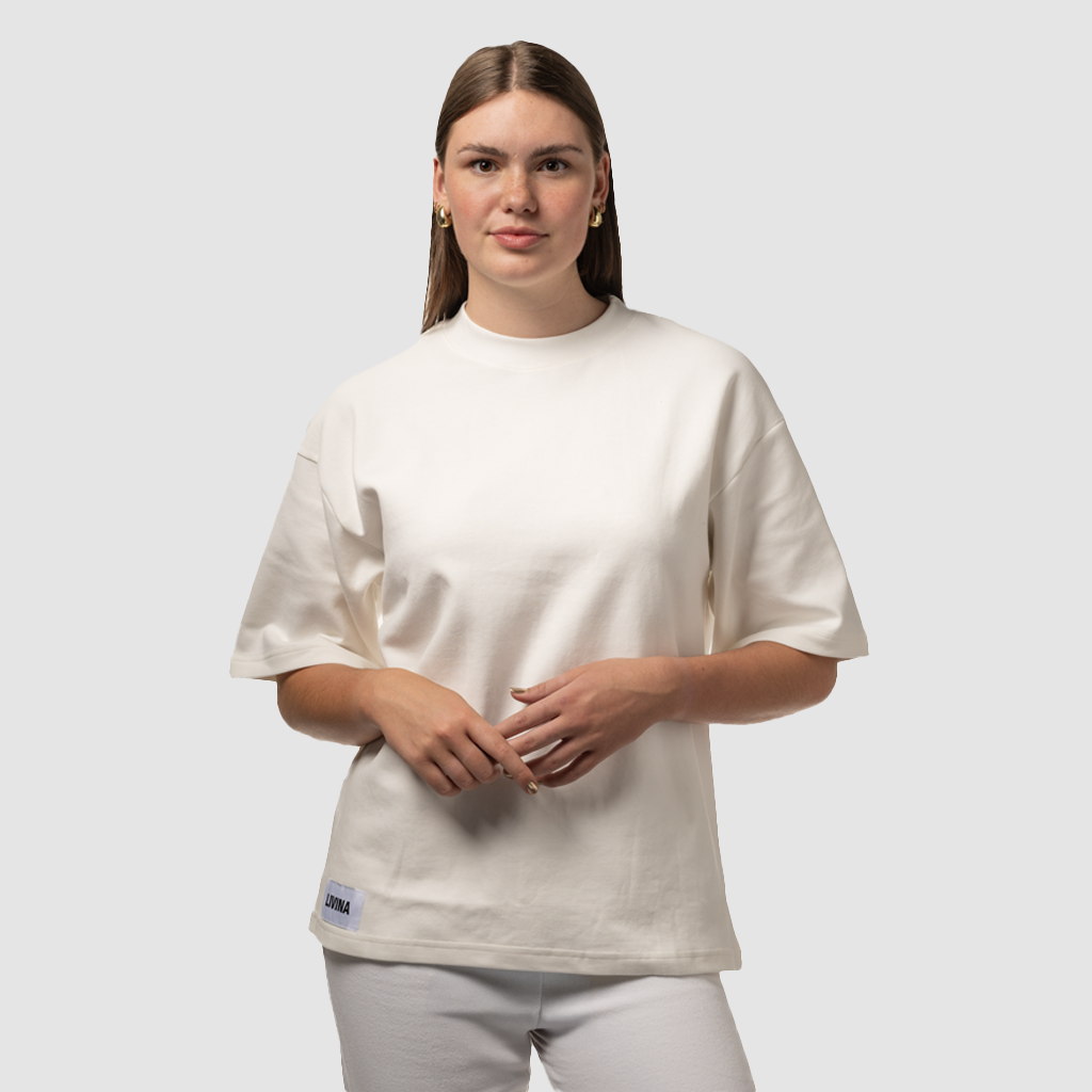 white oversized unisex quote t-shirt LIVINA female front view